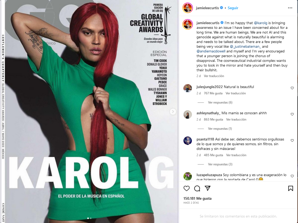 Jamie Lee Curtis apoya a Karol G tras exponer el Photoshop que le hicieron en una revista