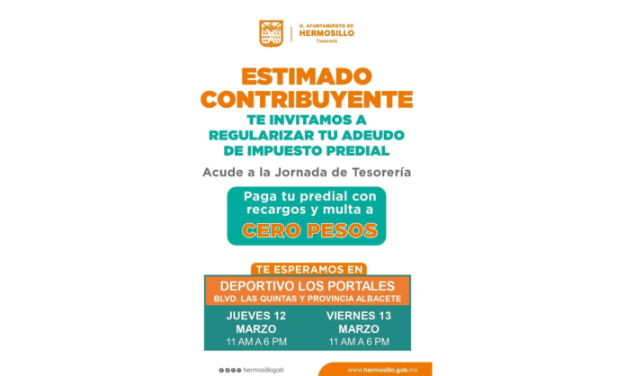 Regularización de Predial Ofrecerá Tesorería Municipal Programa de Regularización de Predial en Deportivo Los Portales